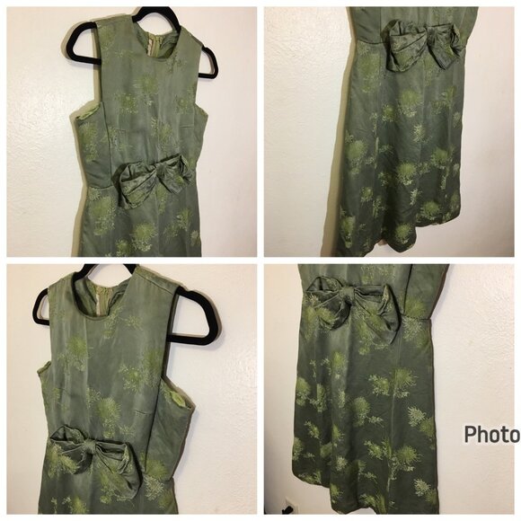 Vintage 50s 60s Green Party Dress with Bow Wiggle Cocktail Holiday Christmas (IB - Picture 2 of 16